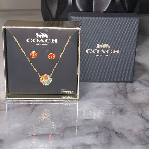 COACH Horse Carriage Crystal Necklace and Stud Earrings Set, 16" + 2" Extension - Picture 2 of 10